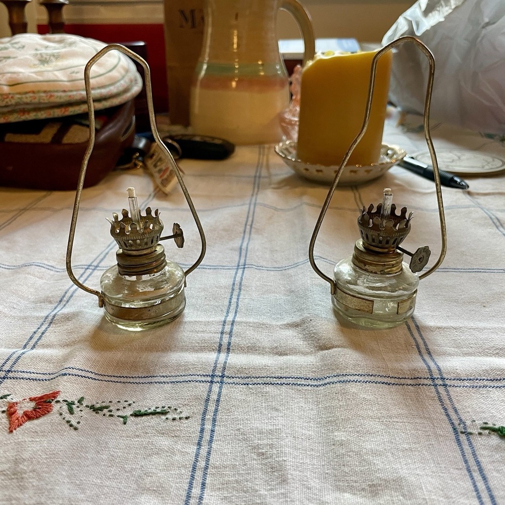 Vintage Miniature Oil Hurricane Lamps Kerosene  Brass/ No shade set of 2